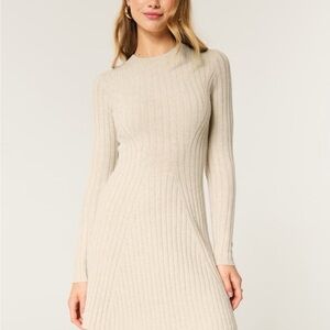 Hollister Beige Long Sleeve Ribbed Sweater Dress